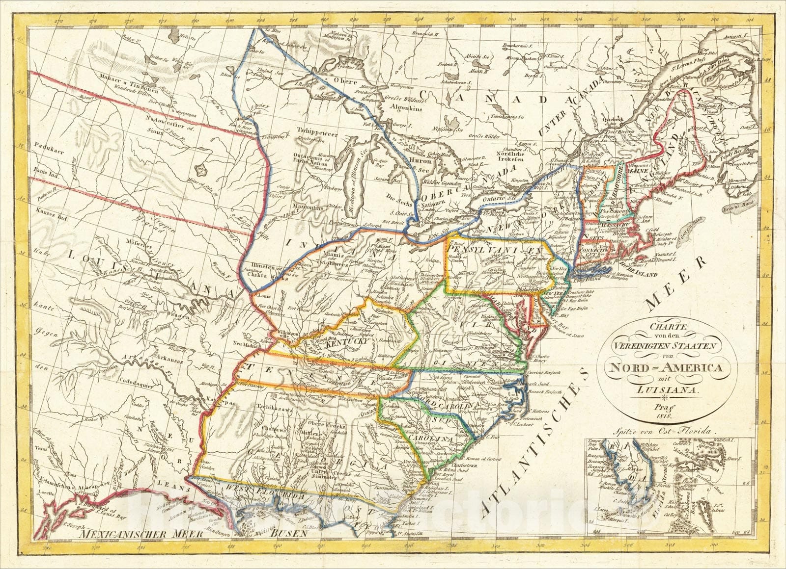 Historic Map : Charte von den Vereinigten Staaten von Nord=America mit Luisiana Prag 1818 [Florida inset], 1818, Franz Pluth, Vintage Wall Art