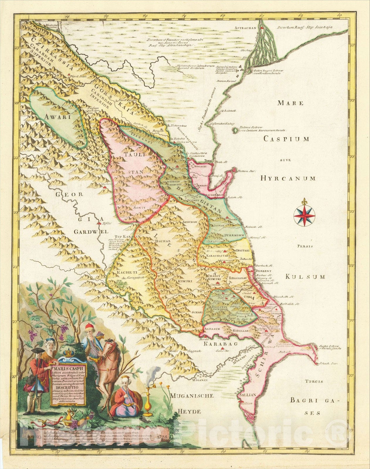 Historic Map : Maris Caspii Littori occidentali inter Fluviarum Wolgae et Kur Ostia adiacentium Terrarum Provintiarum, 1728, Joseph Nicholas de L'Isle, Vintage Wall Art