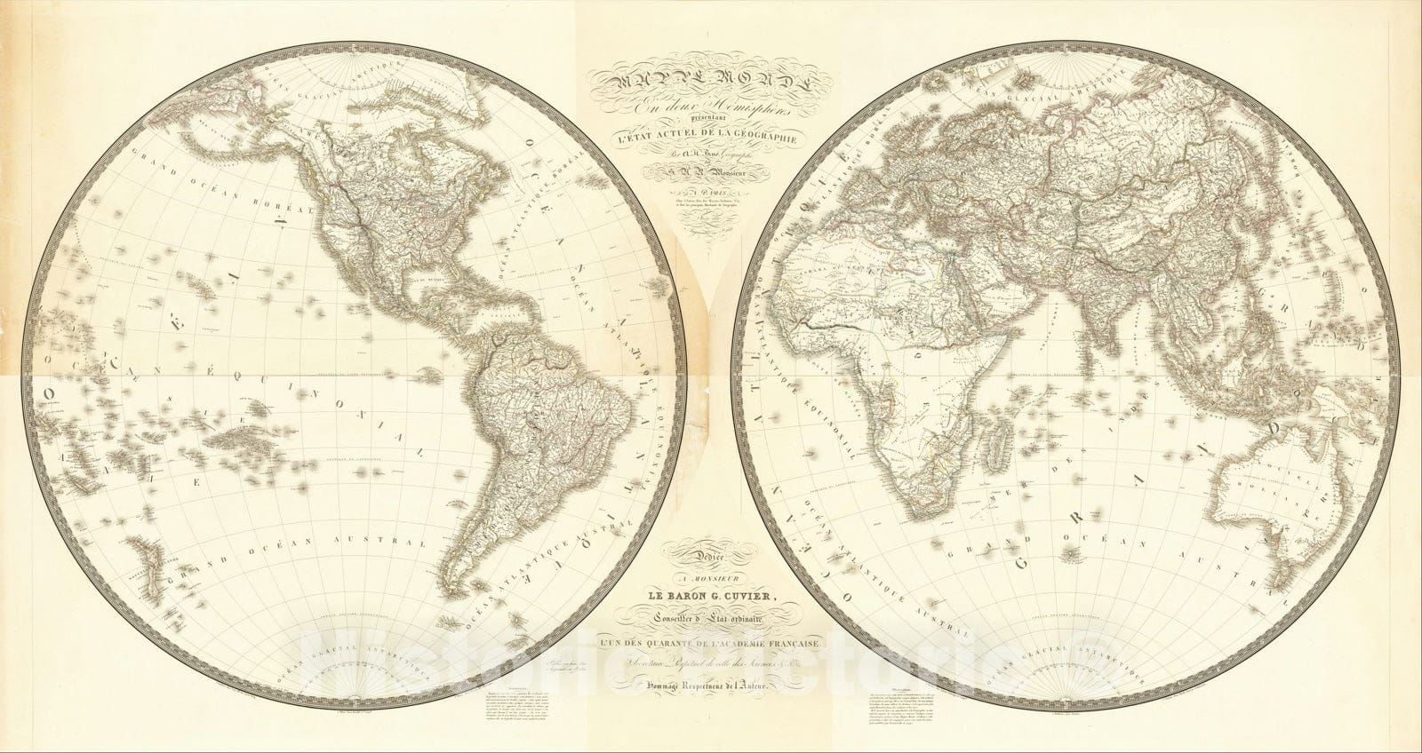 Historic Map : Mappe Monde En Deux Hemispheres presentant L'Etat Actuel de la Geographie, Juin 1820. Augmentee en Nbre 1821, 1821, Adrien-Hubert Bru? Vintage Wall Art