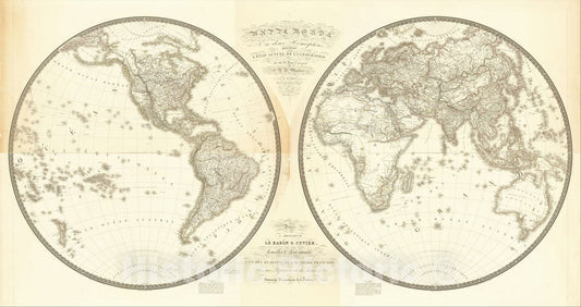 Historic Map : Mappe Monde En Deux Hemispheres presentant L'Etat Actuel de la Geographie, Juin 1820. Augmentee en Nbre 1821, 1821, Adrien-Hubert Bru? Vintage Wall Art