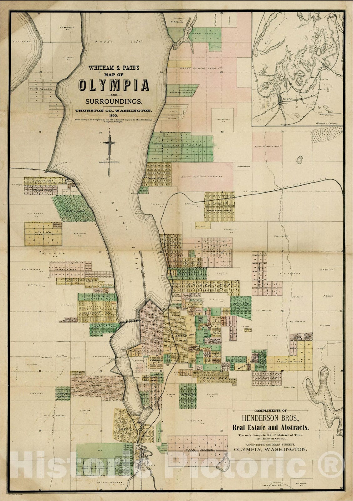 Historic Map : Whitham & Page's Map of Olympia and Surroundings -- Thurston Co., Washington, 1890, Whitham & Page, Vintage Wall Art