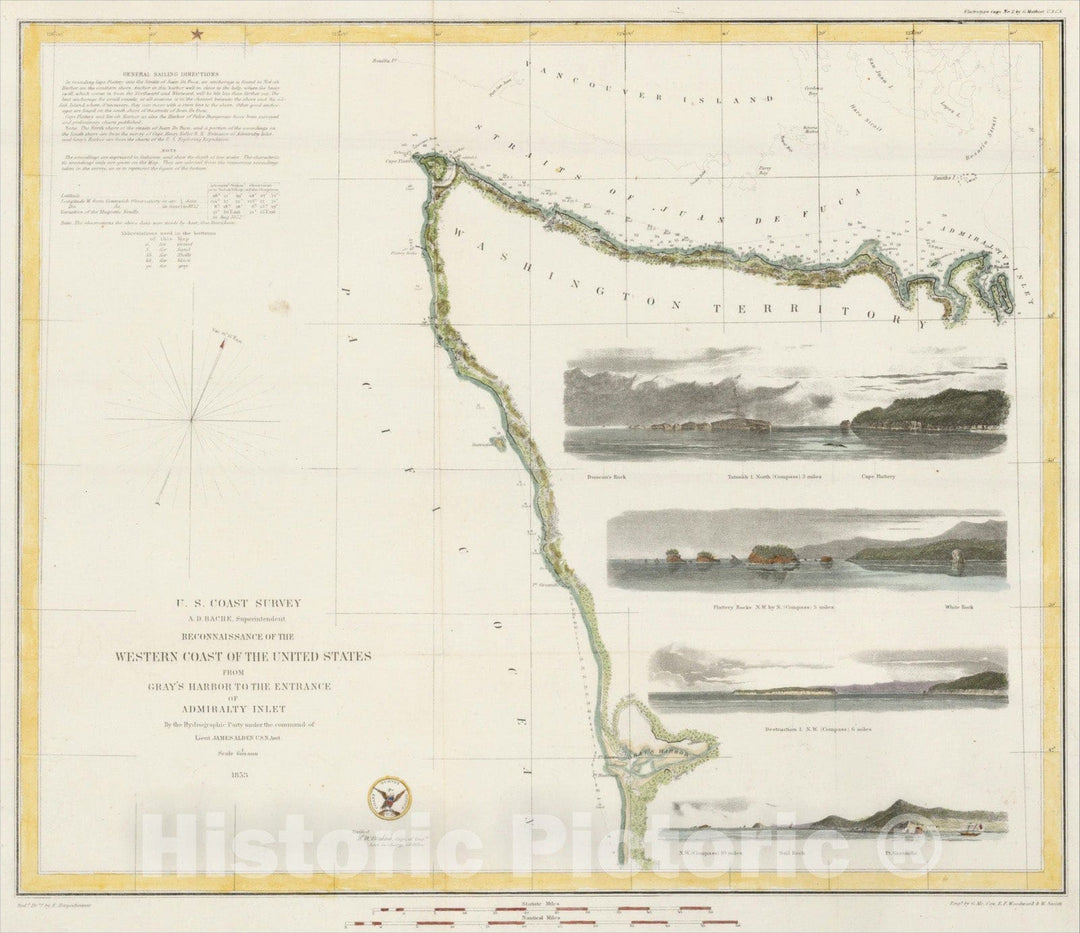 Historic Map : Rconnaissance of the Western Coast of the United States From Gray's Harbor to the Entrance of Admiralty Inlest, 1853, 1853, U.S. Coast Survey, Vintage Wall Art