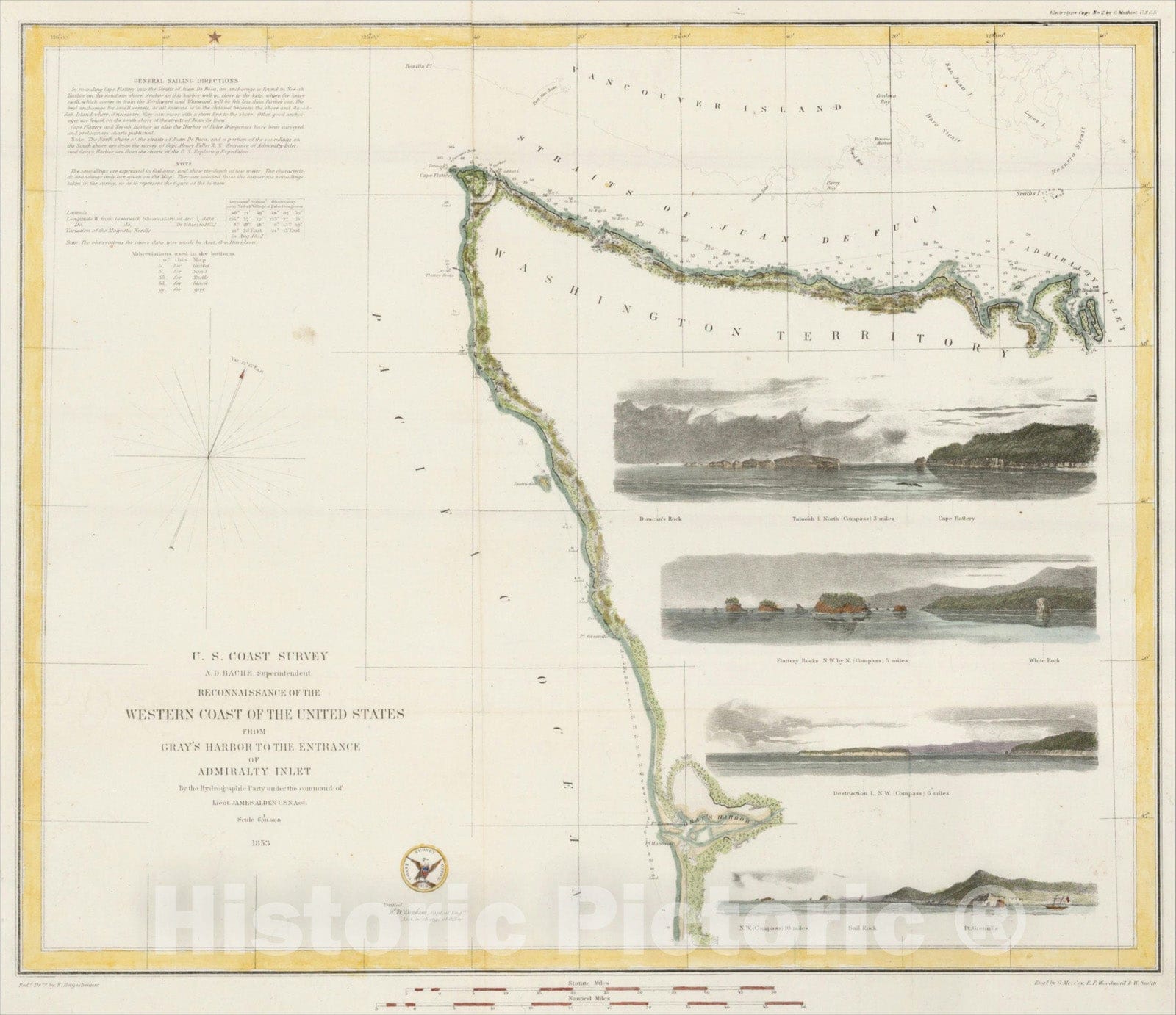 Historic Map : Rconnaissance of the Western Coast of the United States From Gray's Harbor to the Entrance of Admiralty Inlest, 1853, 1853, U.S. Coast Survey, Vintage Wall Art