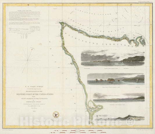Historic Map : Rconnaissance of the Western Coast of the United States From Gray's Harbor to the Entrance of Admiralty Inlest, 1853, 1853, U.S. Coast Survey, Vintage Wall Art