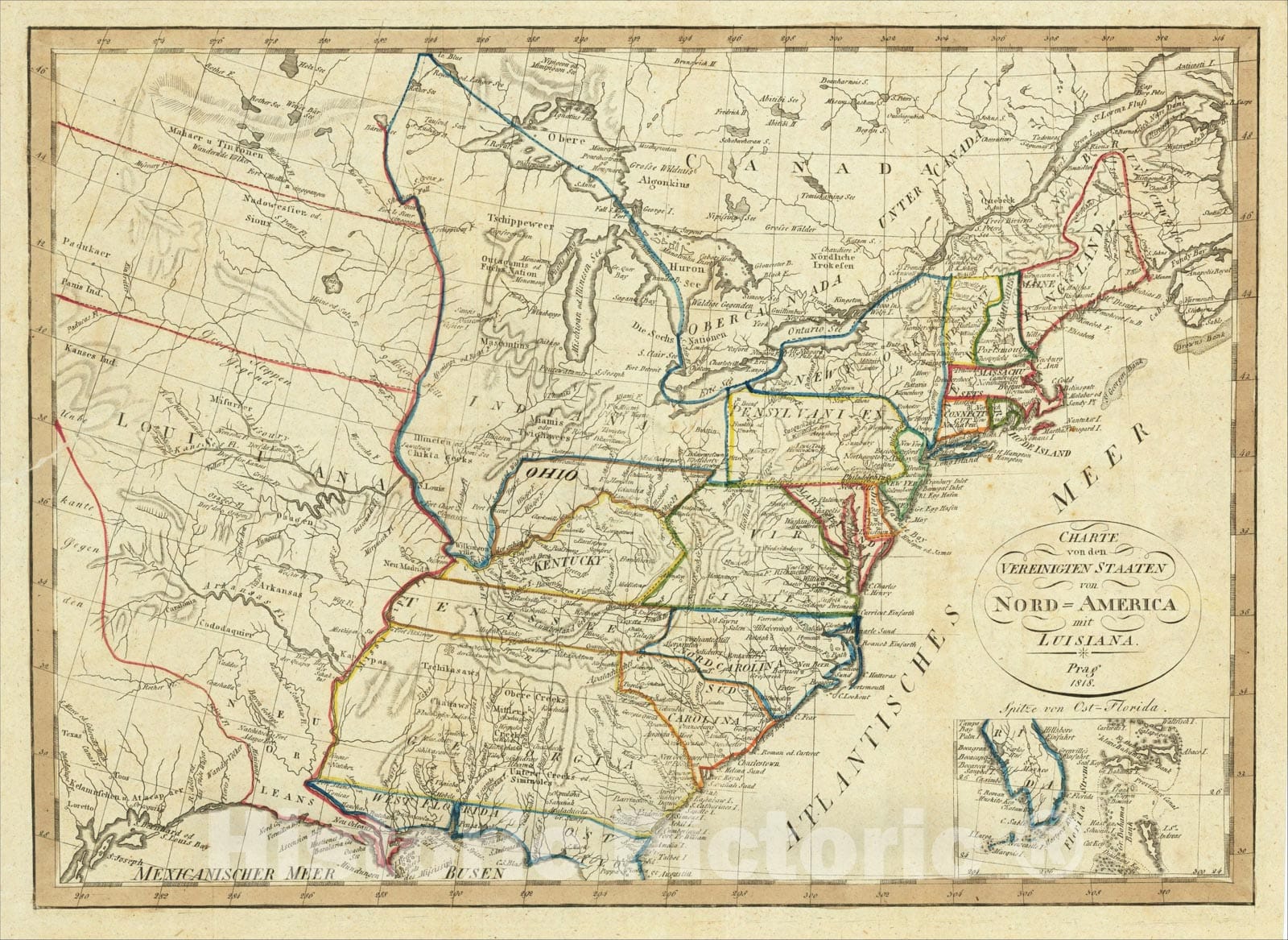 Historic Map : Charte von den Vereinigten Staaten von Nord=America mit Luisiana Prag 1818, 1818, Franz Pluth, Vintage Wall Art