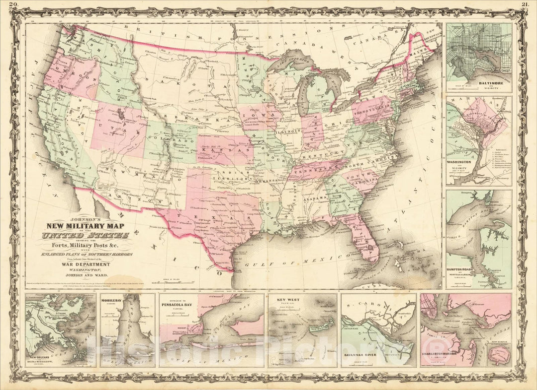 Historic Map : Johnson's New Military Map of the United States Forts, Military Posts & all the Military Divisions, 1862, Benjamin P Ward, Vintage Wall Art