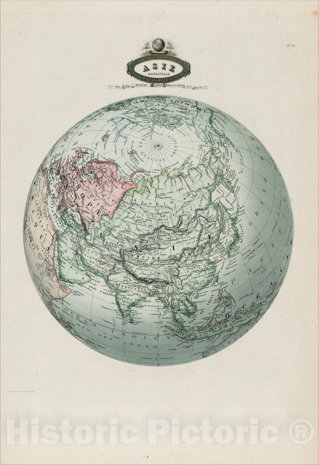 Historic Map : Asie Spheroidale 186, 1860, F.A. Garnier, Vintage Wall Art