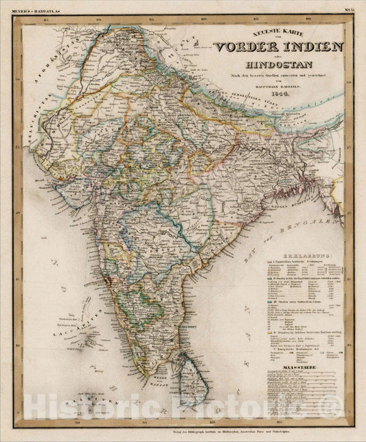 Historic Map : Neueste Karte von Vorder Indien oder Hindostan, 1844, 1844, , Vintage Wall Art