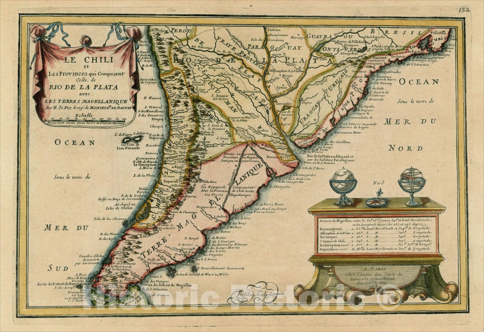 Historic Map : Le Chili et Les Provinces qui Composent Celle de Rio De La Plata avec Les Terres Magellanique, 175, 1705, Nicolas de Fer, Vintage Wall Art