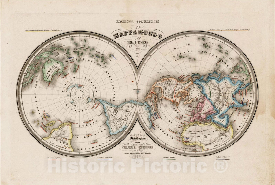 Historic Map : Mappamondo Carta D'Inseme 1855, c1855, Francesco Marmocchi, Vintage Wall Art