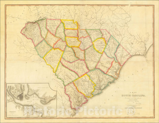 Historic Map : A Map of South Carolina, Constructed and Drawn from the District Surveys. Ordered by the Legislature By John Wilson, 1822, John Wilson, Vintage Wall Art