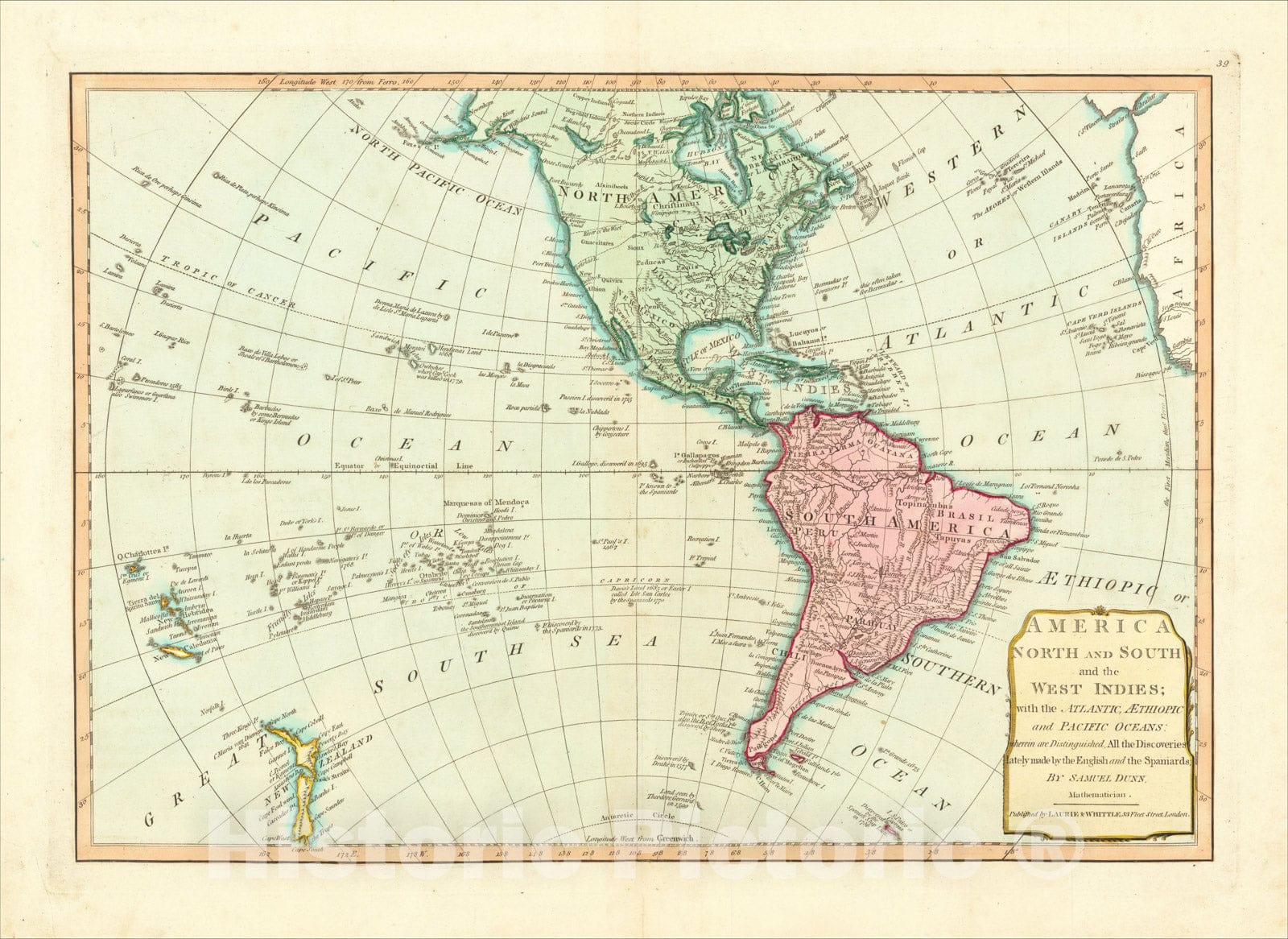 Historic Map : America North and South and the West Indies; with the Atlantic, Aetheopic and Pacific; wherein are Distinguished, 1794, James Whittle, v1, Vintage Wall Art
