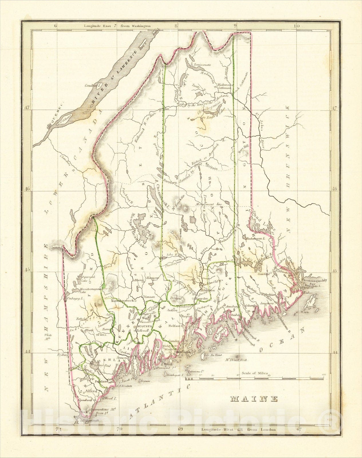 Historic Map : Maine, 1835, Thomas Gamaliel Bradford, Vintage Wall Art