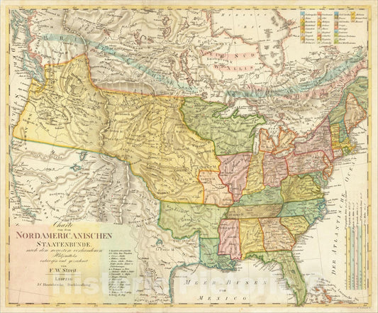 Historic Map : Charte von dem Nordamericanischen Staatenbunde nach den neuesten vorhandenen Hulfsmittleln entworfen und gezeichnet von F.W. Streit, 1822, Vintage Wall Art