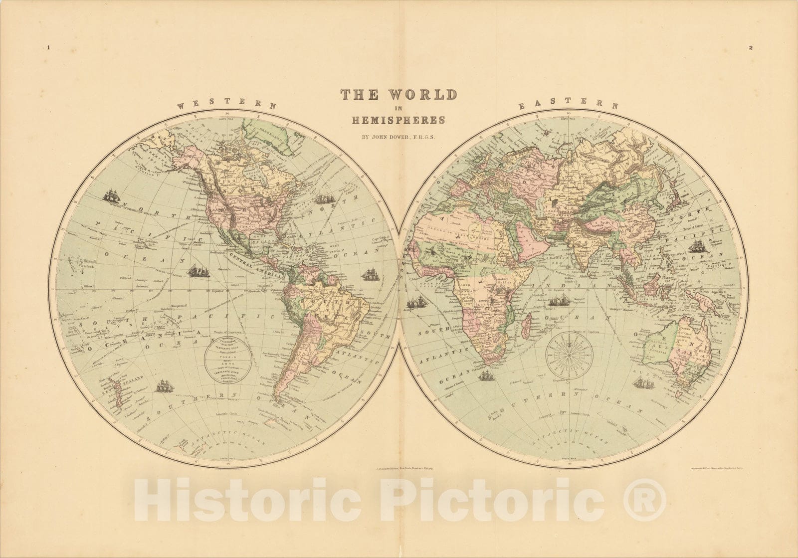 Historic Map : The World In Hemsipheres, 1873, J. David Williams, Vintage Wall Art