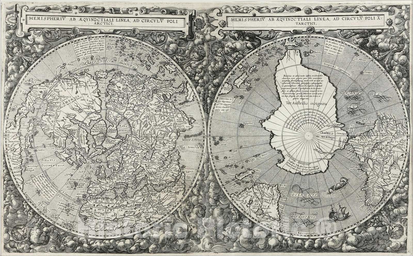 Historic Map : [World] Hemispheriu ab Aequinoctiali Linea, ad Circulu Poli Arctici, Hemispheriu ab Aequinoctiali Linea, ad Circulu Poli Atarctici., 1593, v2, Vintage Wall Art