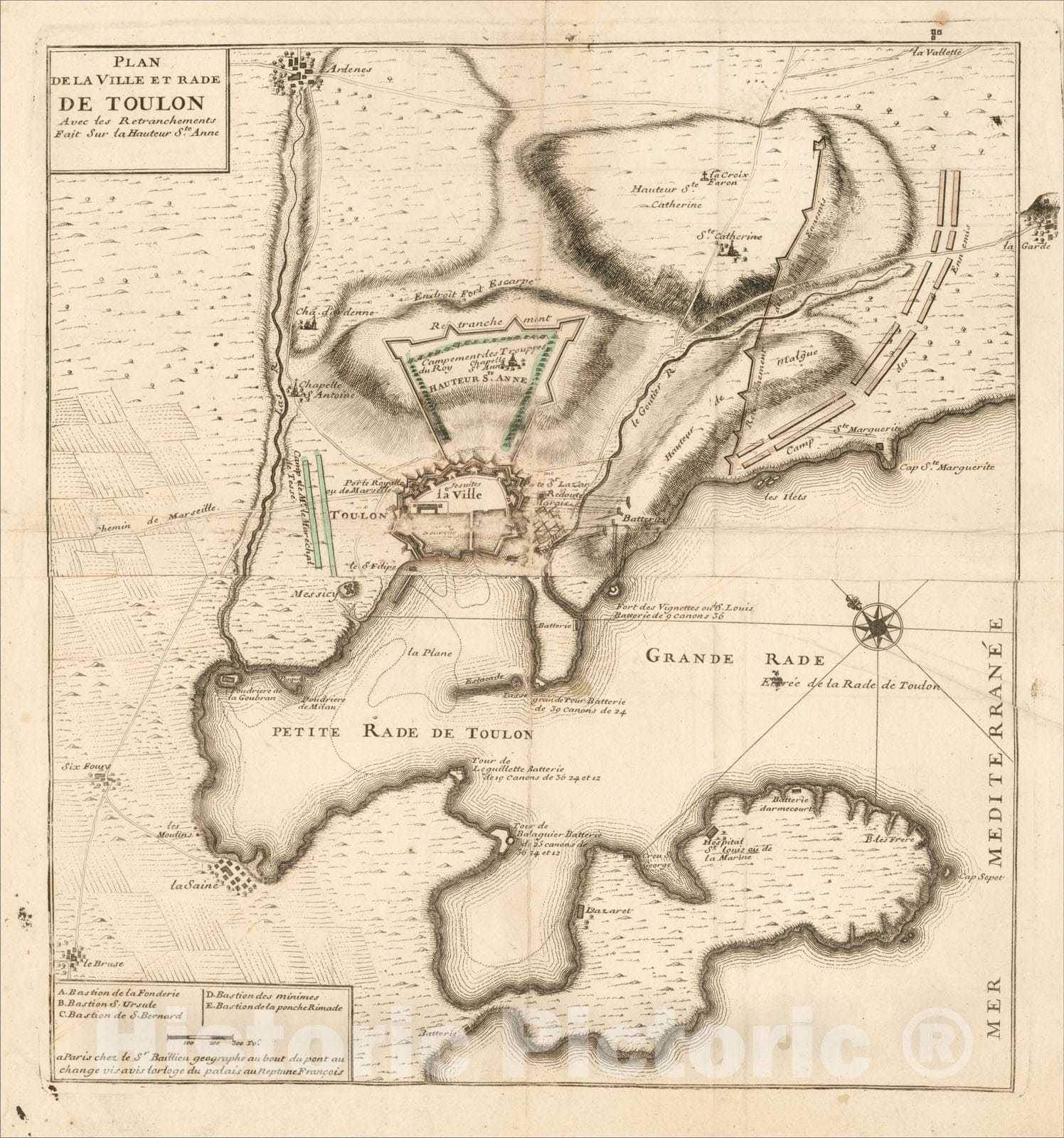 Historic Map : Plan de la Ville et Rade de Toulon Avec les Retranchements Faits Sur la Hauteur Ste. Anne., c1709, Gaspar Baillieul, Vintage Wall Art
