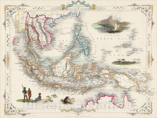 Historic Map : Malay Archipelago, or East India Islands, 1851, John Tallis, v3, Vintage Wall Art