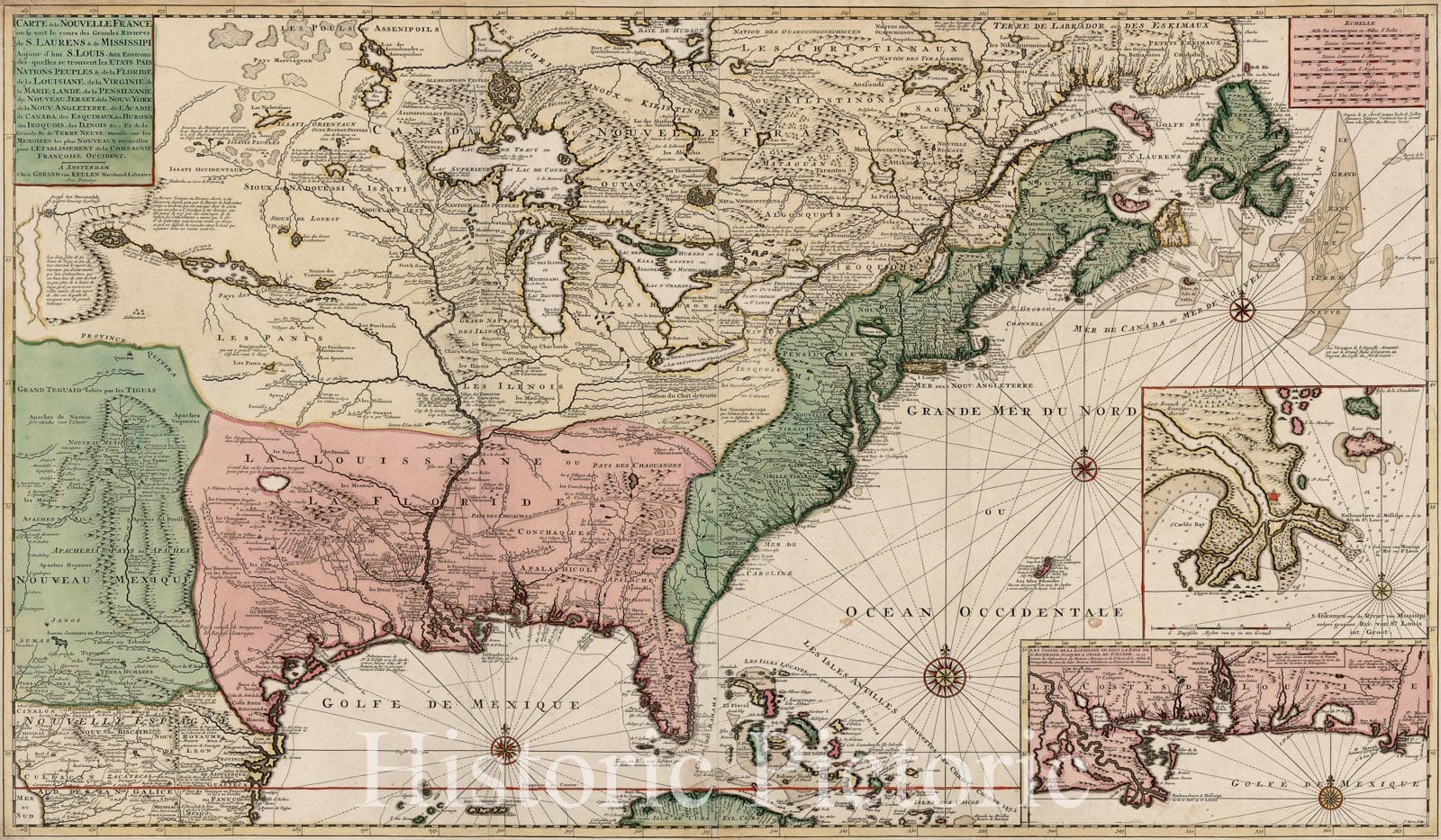 Historic Map : Carte de la Nouvelle France ou se Voit le Cours des Grandes Rivieres, c1720, , Vintage Wall Art