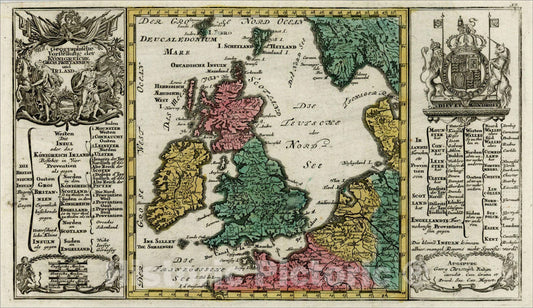 Historic Map : Geographische Vorstellung der Konigreich Gros Brittanien und Irland, c1750, Georg Christoph Kilian, Vintage Wall Art