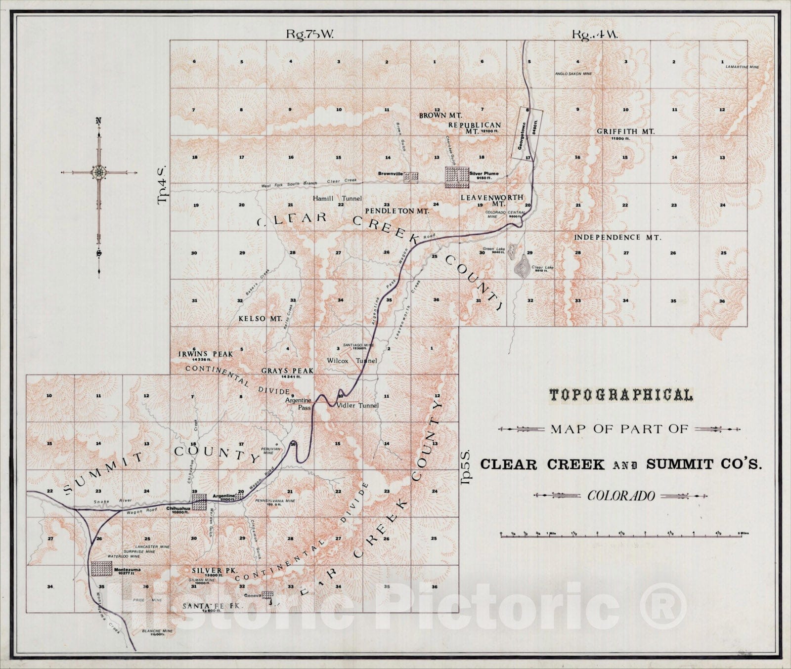 Historic Map : Topographical Map of Clear Creek and Summit Co's. Colorado, c1890, , Vintage Wall Art