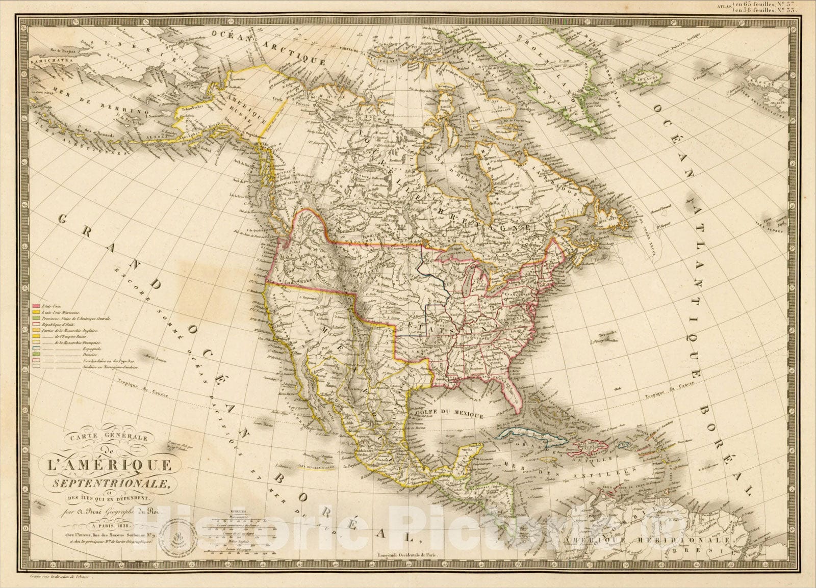 Historic Map : Carte Generale de l'Amerique Septentrionale, et des Iles qui en Dependent, 1828, 1828, Adrien-Hubert BruÃƒÂ©, Vintage Wall Art