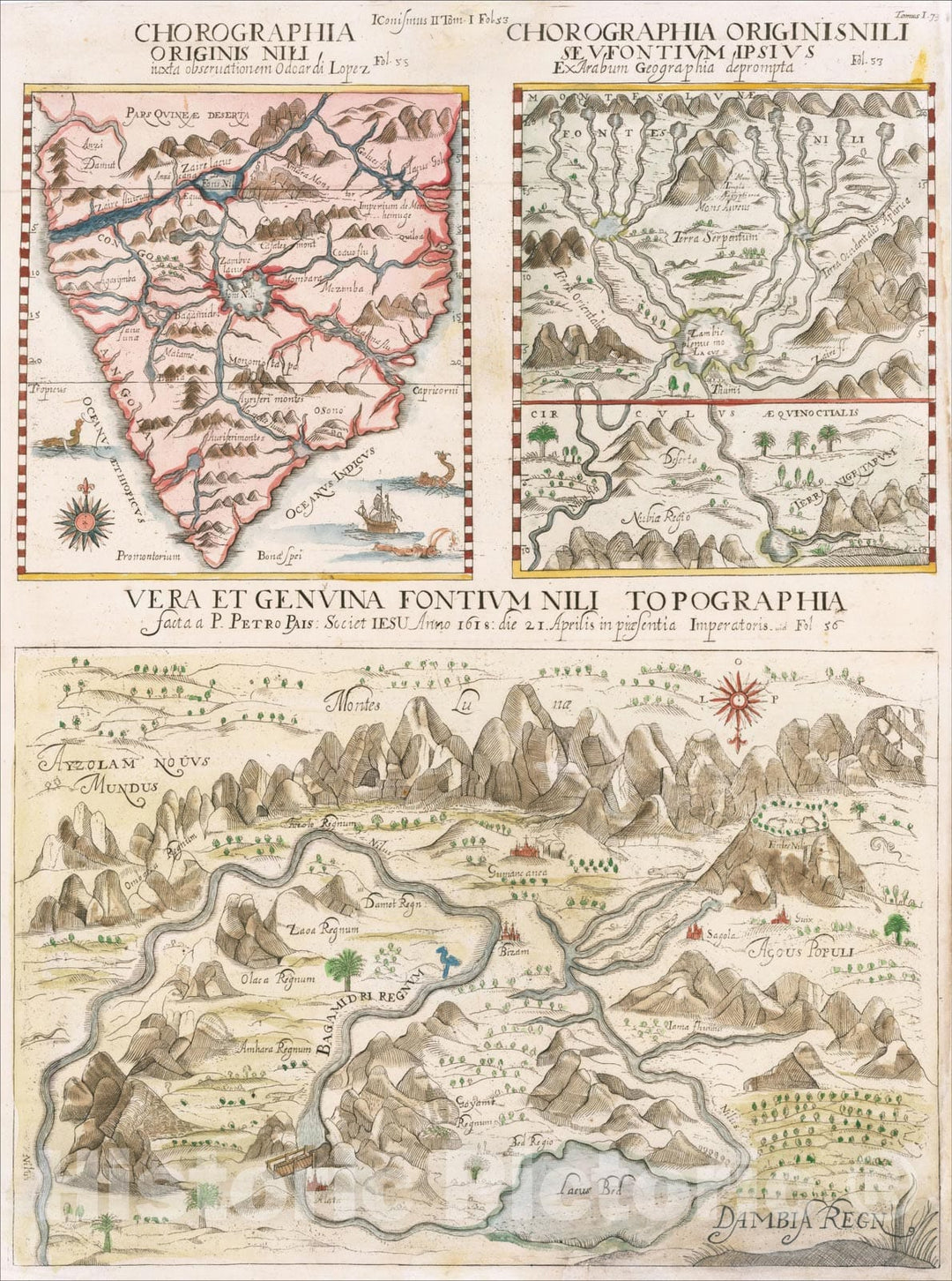 Historic Map : Sources of the Nile River, 1678, Athanasius Kircher, Vintage Wall Art