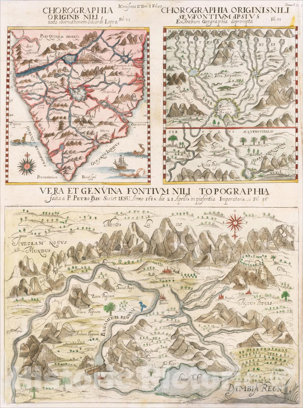 Historic Map : Sources of the Nile River, 1678, Athanasius Kircher, Vintage Wall Art