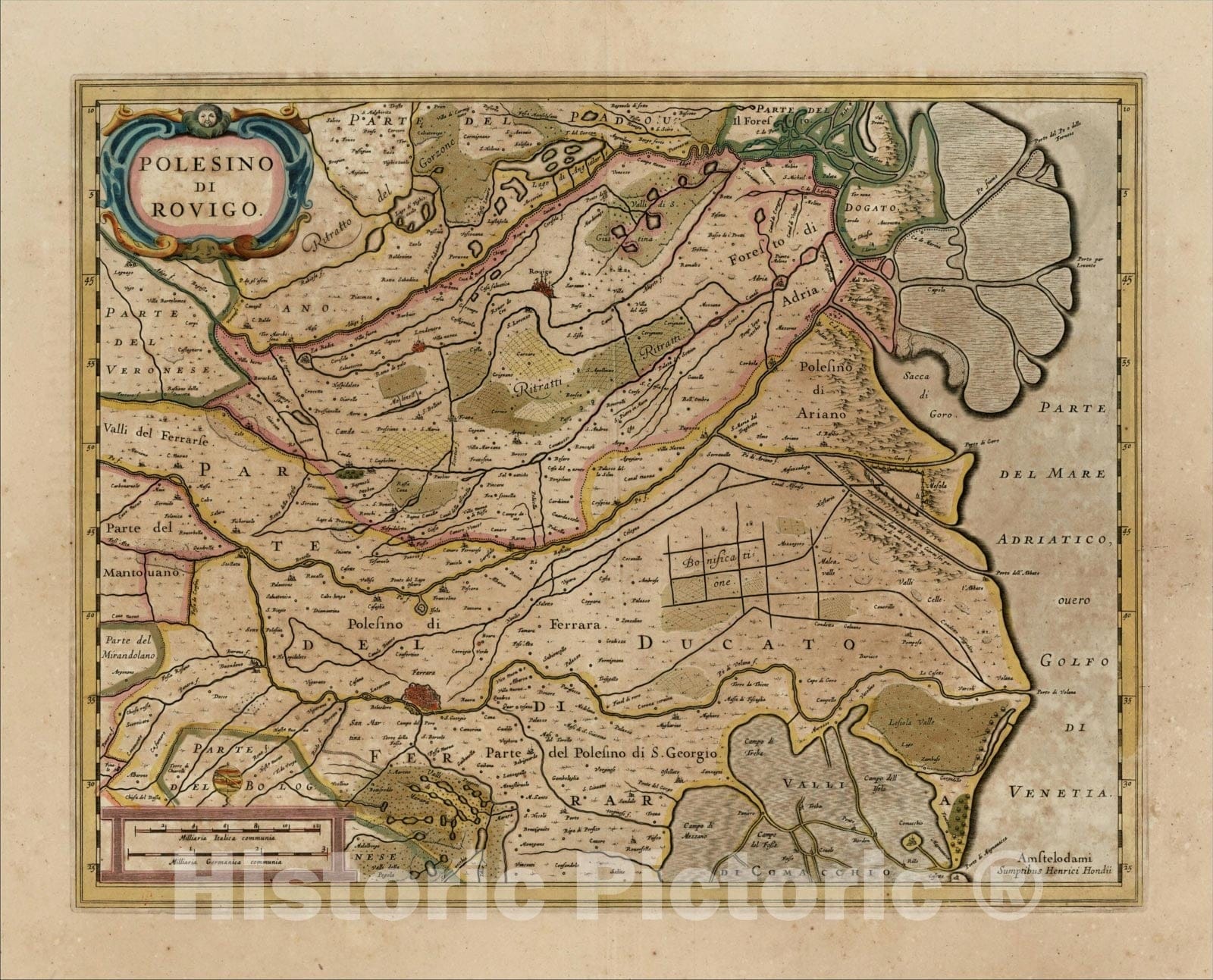 Historic Map : Polesino et Rovigo, c1640, Henricus Hondius, Vintage Wall Art