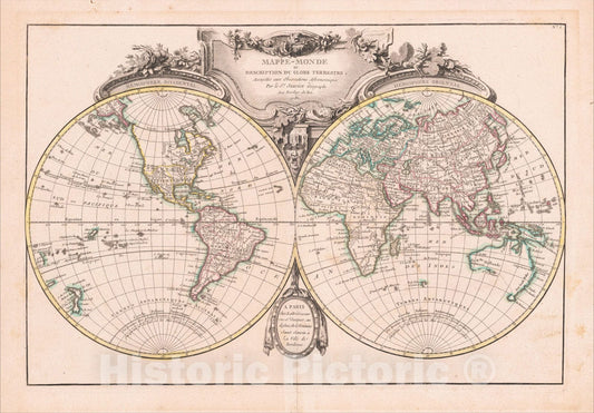Historic Map : Mappe-Monde ou Description Du Globe Terrestre, 1782, 1782, Jean Lattre, Vintage Wall Art