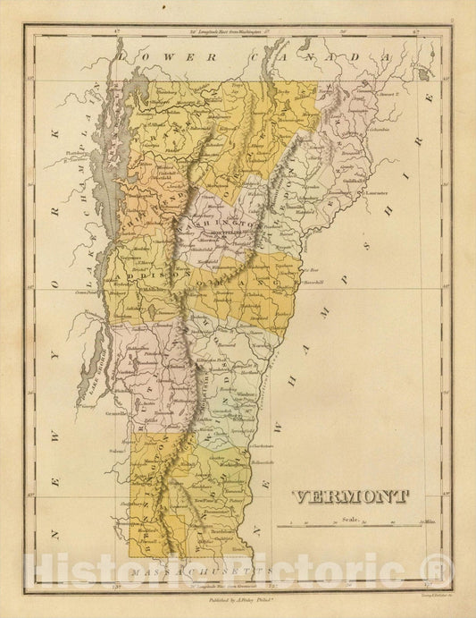 Historic Map : Vermont, 1824, Anthony Finley, Vintage Wall Art