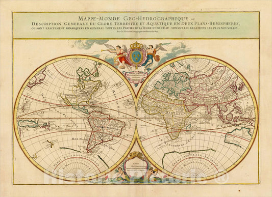 Historic Map : Mappe-Monde Geo-Hydrographique, ou Description Generale du Globe Terrestre et Aquatique en Deux Plans-Hemispheres, 1719, Alexis-Hubert Jaillot, Vintage Wall Art