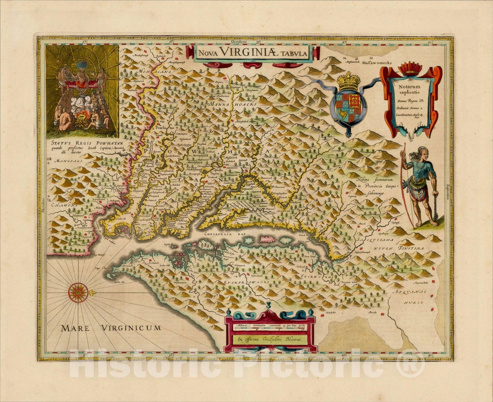 Historic Map : Nova Virginiae Tabula, 1642, Willem Janszoon Blaeu, Vintage Wall Art