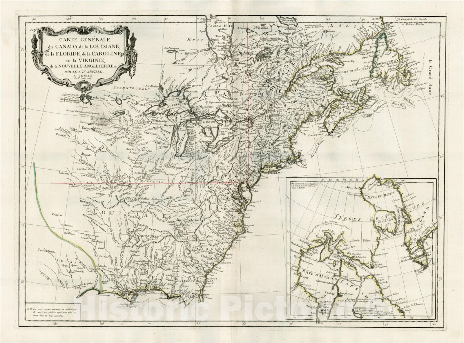 Historic Map : Carte Generale du Canada, de la Louisiane, de la Floride, de la Caroline, de la Virginie, de la Nouvelle Terre Par Le Sr. D'Anville, 1775, 1775, Vintage Wall Art