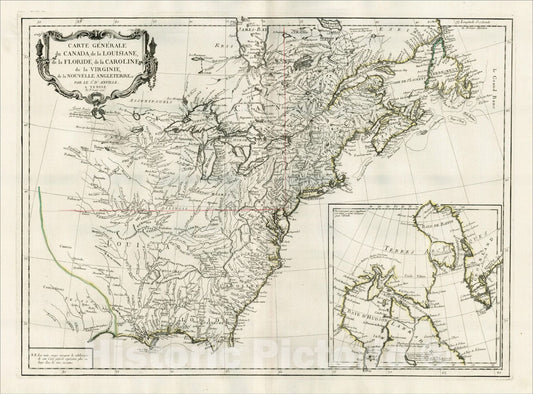 Historic Map : Carte Generale du Canada, de la Louisiane, de la Floride, de la Caroline, de la Virginie, de la Nouvelle Terre Par Le Sr. D'Anville, 1775, 1775, Vintage Wall Art