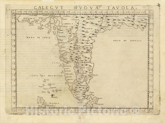 Historic Map : (India) . Calecut Nuova Tavola, 1561, Girolamo Ruscelli, Vintage Wall Art