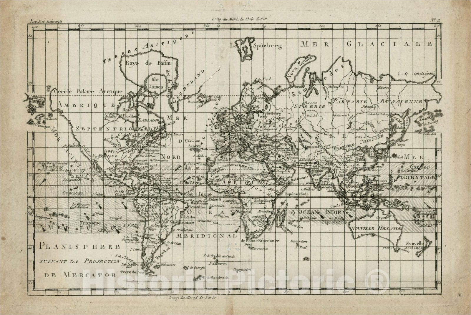 Historic Map : Planisphere suivant la Projection de Mercator, 1780, Rigobert Bonne, Vintage Wall Art