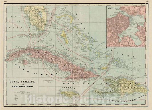 Historic Map : Cuba, Jamaica, and Santo Domingo, 1892, George F. Cram, Vintage Wall Art