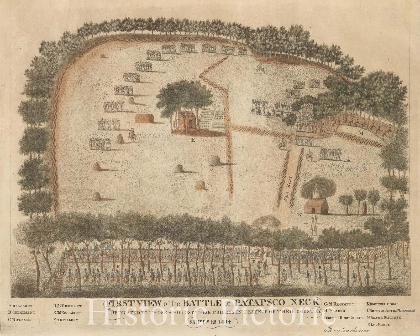 Historic Map : First View of the Battle of Patapsco Neck Dedicated To Those Who Lost Their Friends In Defence of Their Country Septr. 12 1814, 1814, Vintage Wall Art