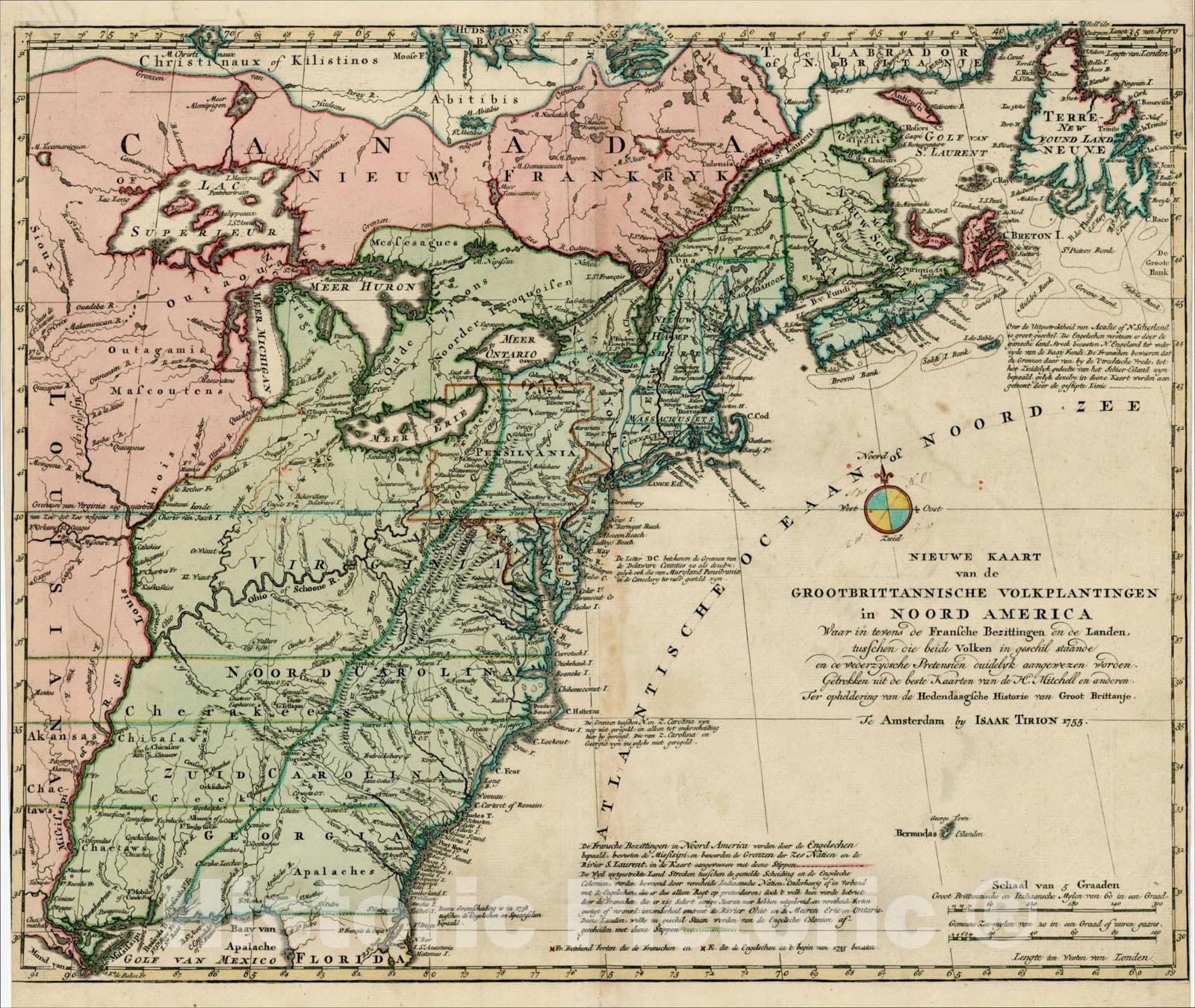 Historic Map : Nieuwe Kaart van de Grootbrittannische Volkplantingen, 1755, Isaak Tirion, Vintage Wall Art