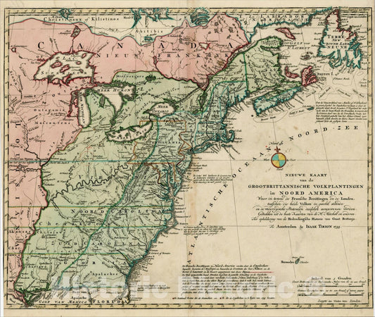 Historic Map : Nieuwe Kaart van de Grootbrittannische Volkplantingen, 1755, Isaak Tirion, Vintage Wall Art