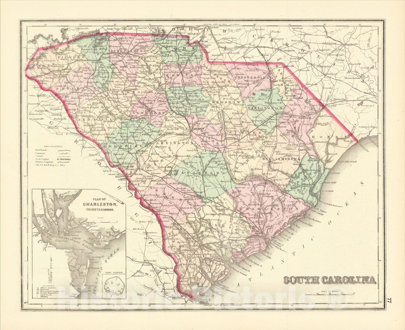 Historic Map : South Carolina, 1875, O.W. Gray, Vintage Wall Art