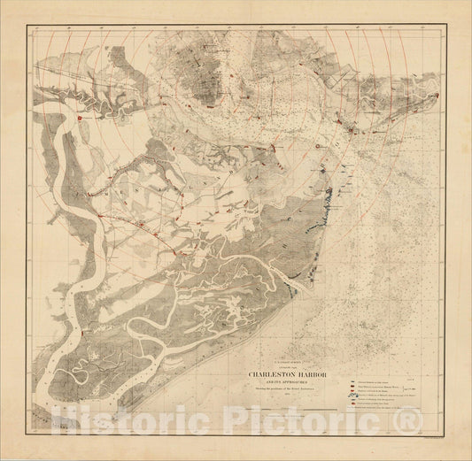 Historic Map : Charleston Harbor And Its Approaches Showing the positions of the Rebel Batteries 1863., 1863, United States Coast Survey, v3, Vintage Wall Art