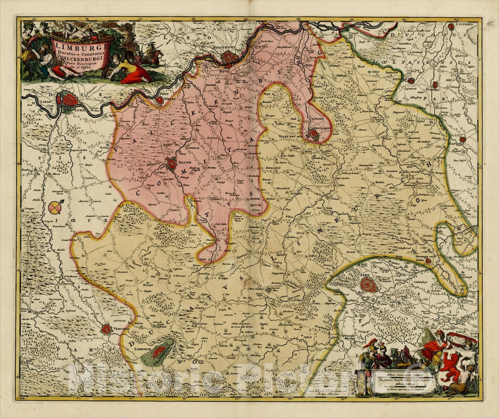 Historic Map : Limburgi Ducatus et Comitatus Valckenburgi Nova Descriptio, c1700, Nicolaes Visscher I, Vintage Wall Art