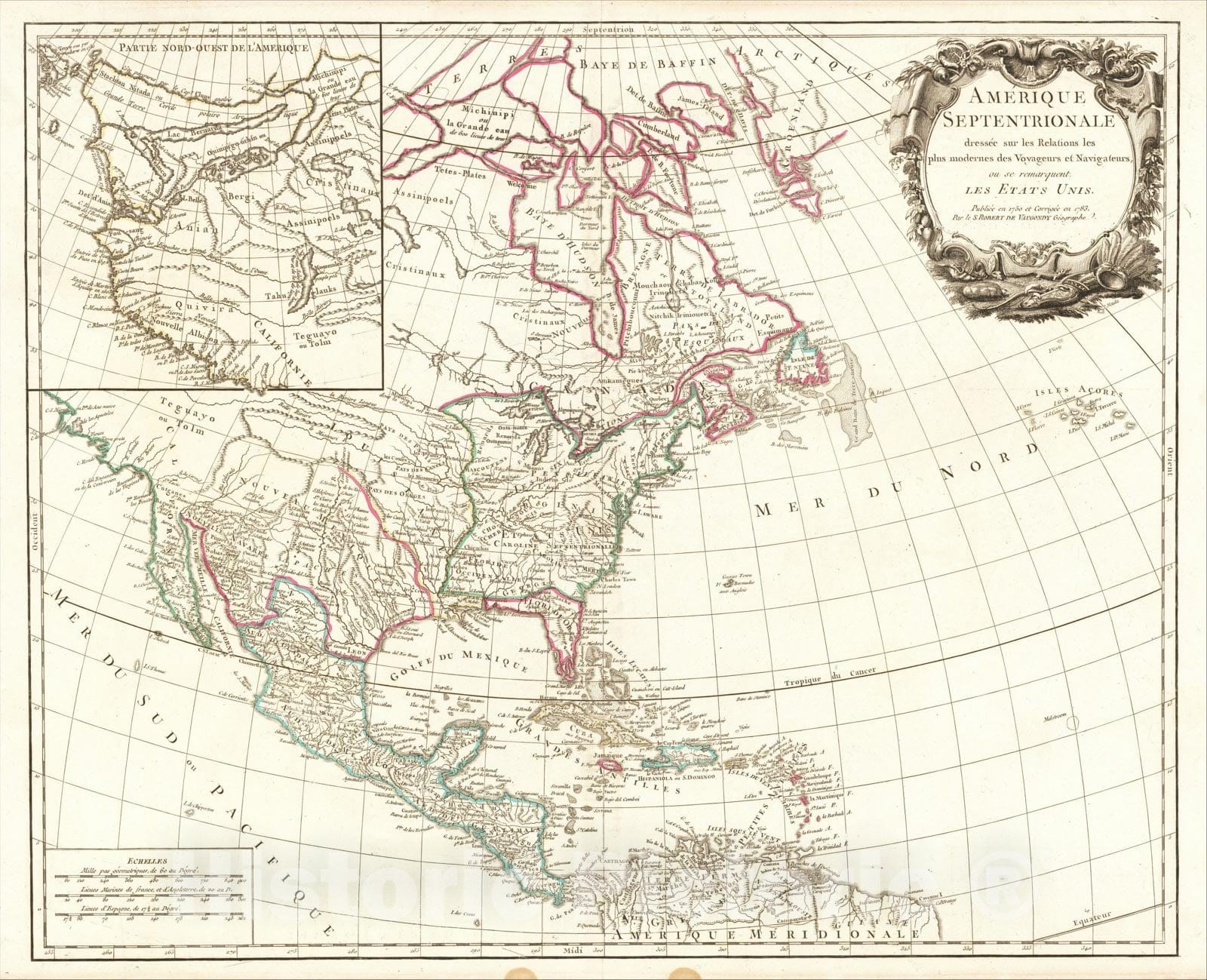 Historic Map : Amerique Septentrionale dressee sur les Relations, 1783, Gilles Robert de Vaugondy, Vintage Wall Art