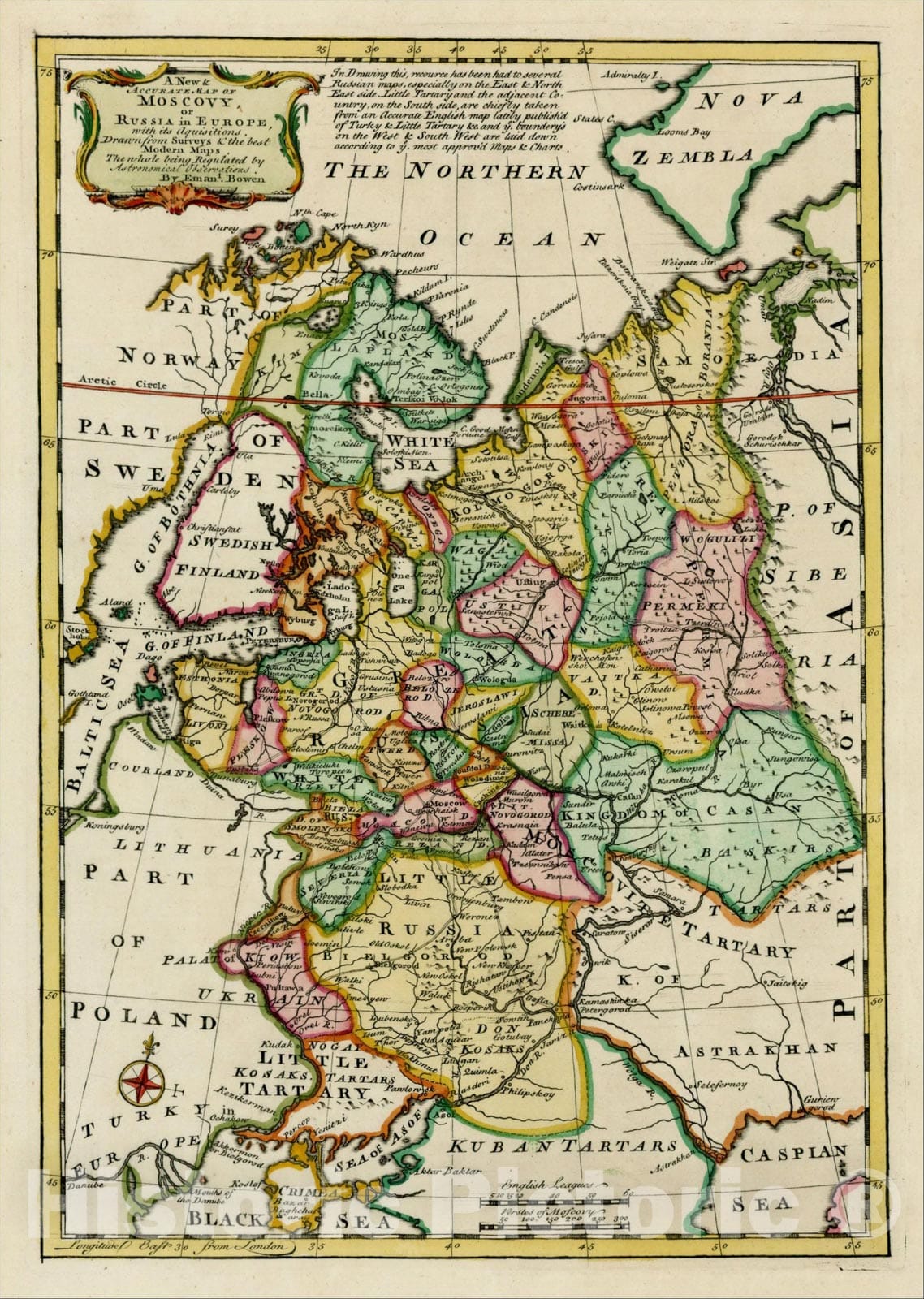 Historic Map : A New & Accurate Map of Moscovy, or Russia in Europe, 1747, Emanuel Bowen, Vintage Wall Art