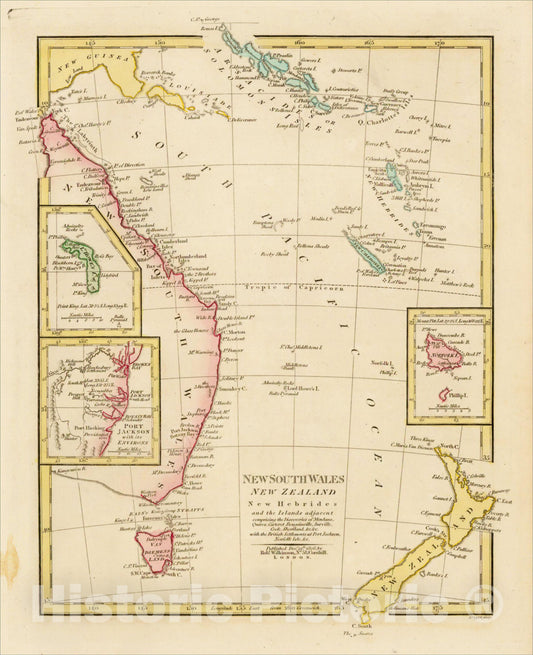 Historic Map : New South Wales, New Zealand, New Hebrides and the Islands Adjacent, 1808, Robert Wilkinson, v3, Vintage Wall Art