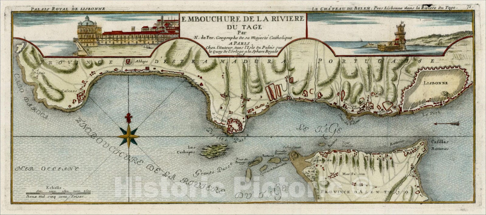Historic Map : Embouchure de la Riviere Du Tage, 1715 (with insets of the Palais de Lisbonne and Le Chateau de Belem), 1715, Nicolas de Fer, v1, Vintage Wall Art
