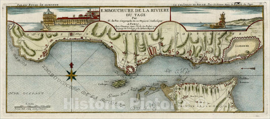 Historic Map : Embouchure de la Riviere Du Tage, 1715 (with insets of the Palais de Lisbonne and Le Chateau de Belem), 1715, Nicolas de Fer, v1, Vintage Wall Art