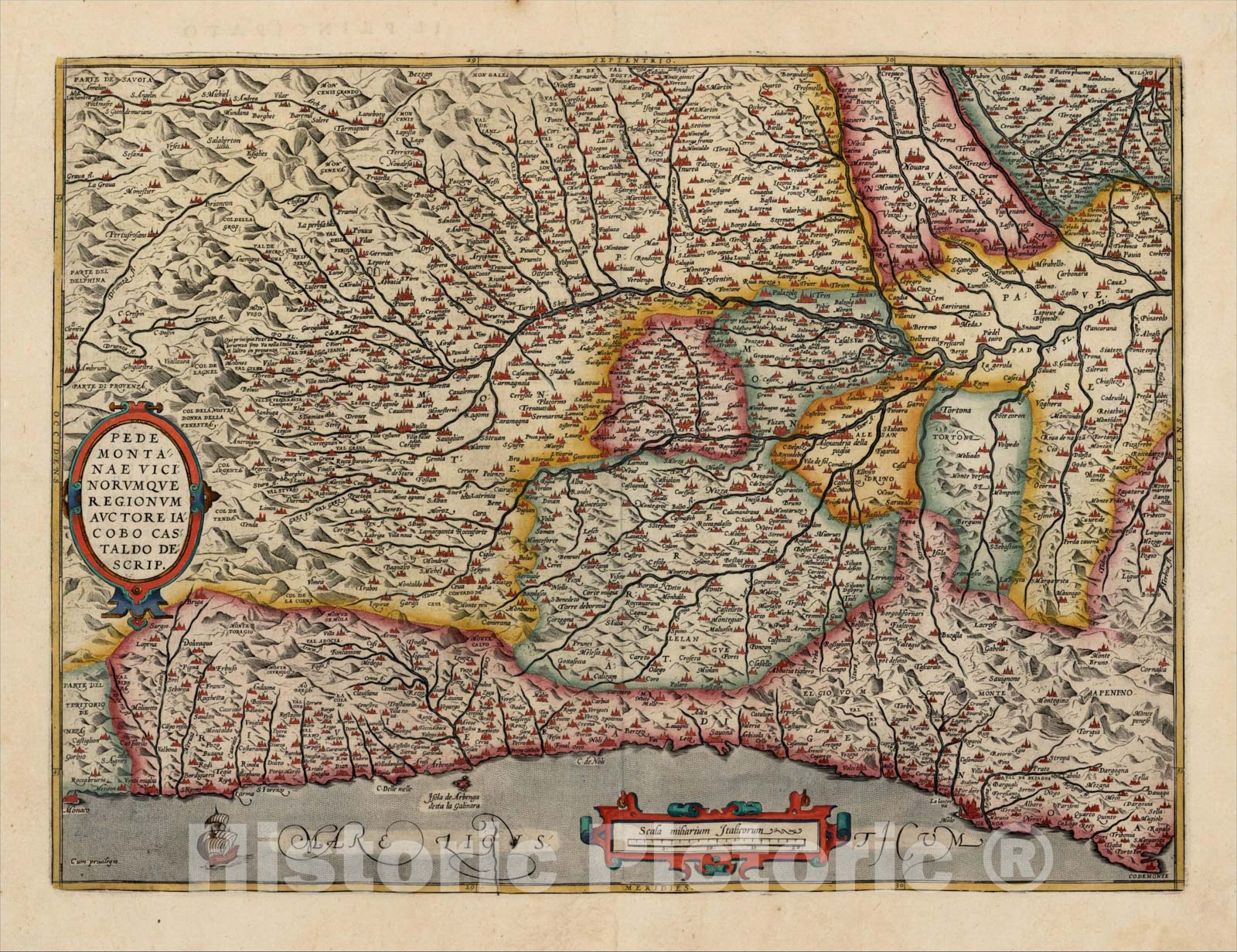 Historic Map : Pedemontanae Vicinorumque Regionum Auctore Iacobo Castaldo Descrip., 1608, , Vintage Wall Art